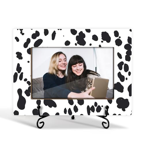 HQLOW Cow Pattern Picture Frame Blank and White Decor Wood Photo Frame Fits 4x6 Vertical & Horizontal with Stand, Birthday Gift For Women Girls Boys Mom Table Desk Shelf -04