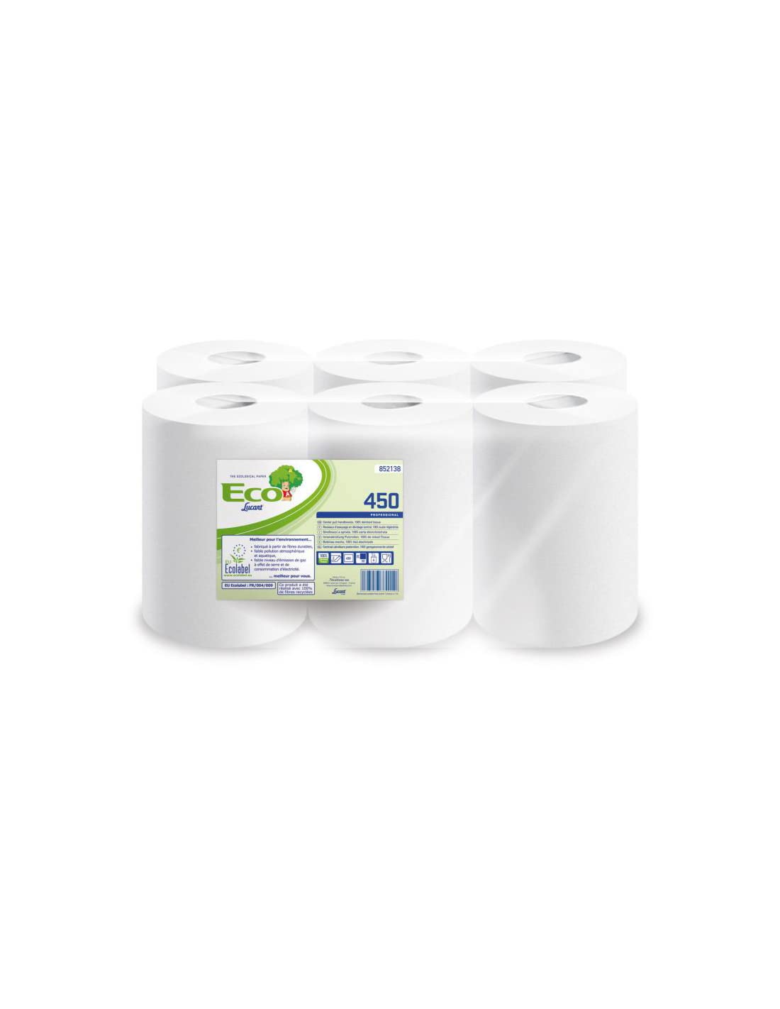 Lucart Professional Eco Blanc de 450 Feuilles Certification Ecolabel, 100% Papier Recyclé 2 épaisseurs