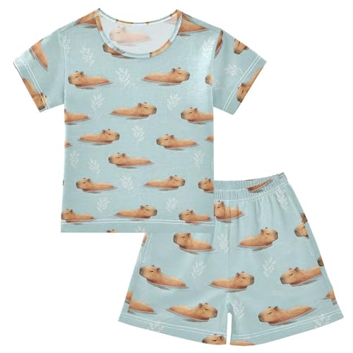 Pajama Short Sets Capybara Swimming Water Soft Cotton Summer Sleepwear 2 Piece PJS Size 5-14T