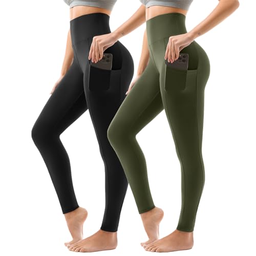 Sanpetix Lot de 2 leggings de sport pour femme, taille haute, avec poches, pour la gym, le yoga, SM, noir/gris, XXL
