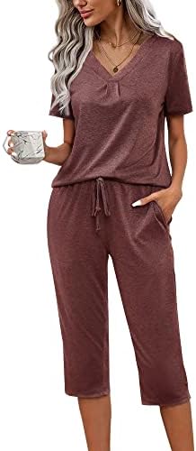 difficort Women's Capri Pajama Sets Short Sleeve Pjs Sleepwear Casual Loungewear,2-Maroon,X-Large