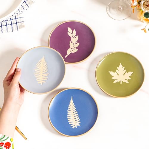 Image of Nestasia Ceramic Round Snack Plate Set of 4 (15cm Each) - Leaf Embossed Small Plates for Serving Snacks & Desserts | Microwave & Dishwasher Safe (Olive Green, Purple, Blue & Sky Blue)