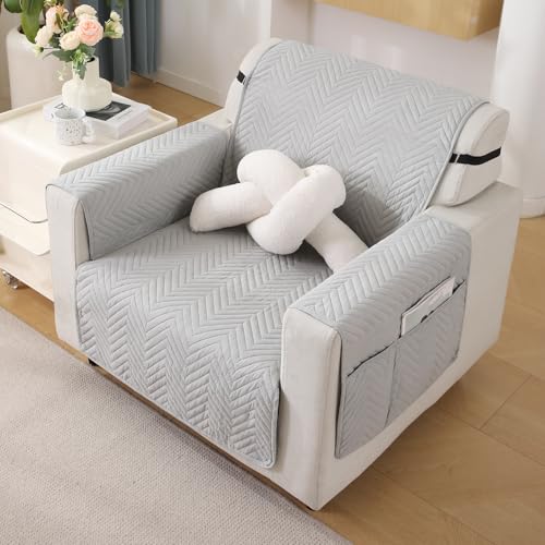 Image of HOKIPO Polyester Quilted 1 Seater Sofa Cover Mat with Pockets, Light Grey (In-801-Lgry)