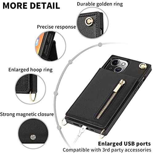 HOGGU-Crossbody-iPhone-14-Case-Wallet-with-Card-Holder-Flip-Leather-iPhone-14-Crossbody-Case-with-Strap-Kickstand-Zipper-Purse-Magnetic-Clasp-Protective-Square-Phone-Case-for-Women-Girls-Black