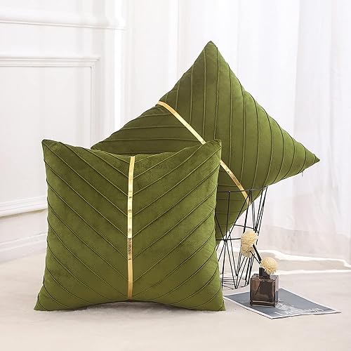 Image of Velvet Throw Pillow Covers 18x18 Pack of 2 Gold Decor Olive Green