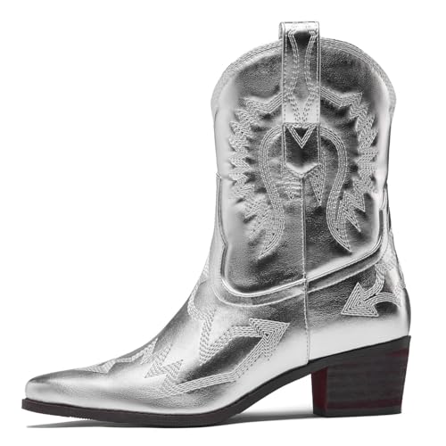 Cowboy Boots for Women Embroidered Metallic Ankle Western Cowgirl Boots Pointed Toe Chunky Heel3