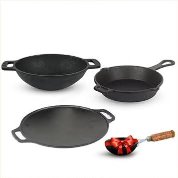 The Indus Valley Pre-Seasoned Cast Iron Cookware Set + Free Iron Tadka Pan | Kadai (25.4cm) + Tawa (30.5cm) + Fry Pan (22.9cm) | Pack of 4 | Pre-Seasoned Cookware, 100% Toxin-free, No Chemical Coating