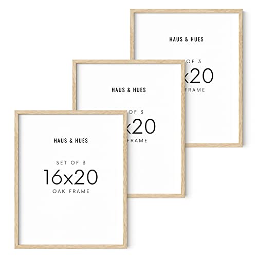 HAUS AND HUES Beige Wood Oak 16x20 Picture Frame Set of 3 - Modern Wood Wall Art Display - Lightweight 16x20 Frame Set of 3 for Art Prints Photos Posters - Ready-to-Hang Vertically & Horizontally