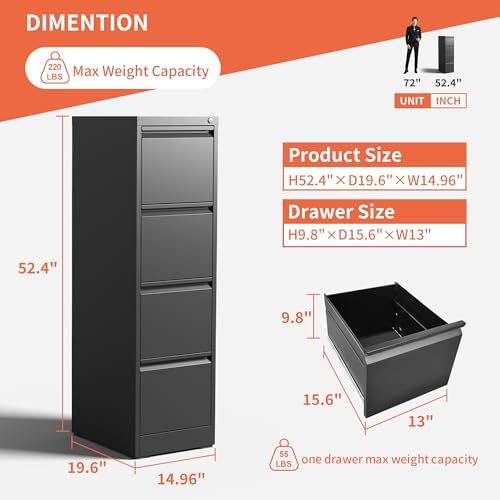 IKIMI 4 Drawer File Cabinet with Wheels,Metal Mobile Filing Cabinets with Lock,Black Vertical File Cabinet for Home Office,Heavy Duty Storage Cabinet for A4/Letter/Legal Size File,Assembly Required