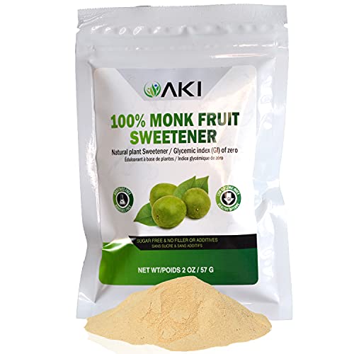 AKI Natural Monk Fruit Sugar Free Extract Sweetener Powder, Not a Granulated But Powdered Brown Raw | Pure Aroma of Sweetness for Blended Beverages and supports Weight Loss (2 Oz 57Gr)
