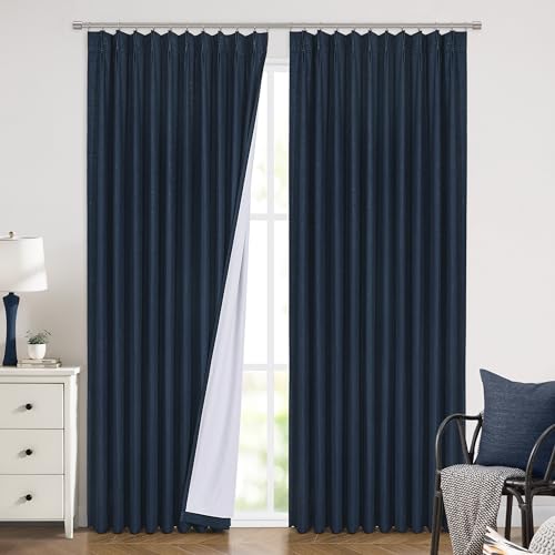 Image of Vision Home Navy Blue Pinch Pleated Full Blackout Curtains Linen Blended Room Darkening Window Curtains 102 inch for Living Room Bedroom Thermal Insulated Pinch Pleat Drapes with Hooks 60 inch Wx102 Lx1