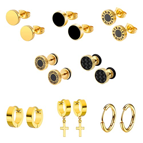 Bo Win 8 Pares Pendientes Oreja Hombre Mujer Aretes, Pendientes Cruz Hombre, Pendientes de Aro Hombre, Pendientes Hombre Oro, Pendientes Acero quirurgico, Pendientes Oro Hombre Mujer Boton Redondos Cover