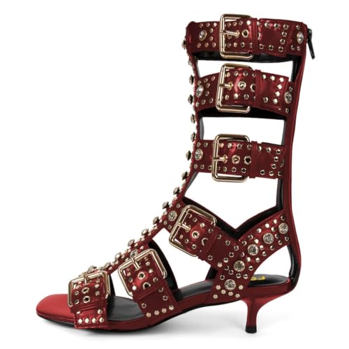 FSJ Women Rhinestone Calf High Strappy Gladiator Sandal Low Kitten Heel Open Toe Cutout Buckles Back Zipper Comfortable Fashion Street Dress Shoes Size 4-16 US