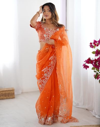 Image of SIRIL Women's Organza Sequence Embroidery Saree With Unstitched Blouse Piece
