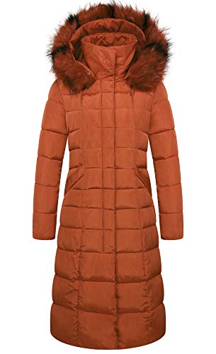 chouyatou Women's Winter Windproof Zip Quilted Packable Down Alternative Long Coat Faux Fur Hood (Large, Caramel)