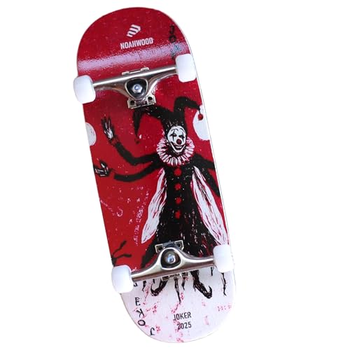 NOAHWOOD 2025 15s PRO Fingerboard Complete (5-Layer Colour Maple Wooden Pro Concave 35 x 98mm Handmade Deck + 34mm Prince 3G Silver Truck + Crown White Wheels iii) Red Joker