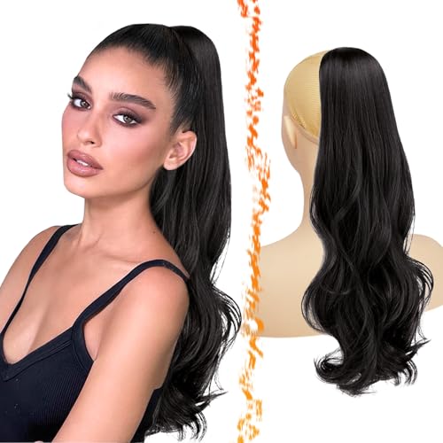 BARSDAR Black Brown Wavy Drawstring Ponytail Extension – 20 Inch Drawstring Comb Clip in Ponytail Hair Extensions for Women, Natural Looking Synthetic Curly Wavy Pony Tails Hairpieces