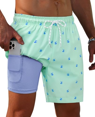 Image of Gleeease 7inch Mens Swim Trunks 2 in 1 with Compression Liner Pockets Drawstring Quick Dry Stretch Lined Funny Beach Pool