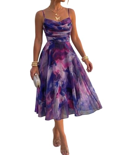 CHICME Womens Tie Dye Mesh Midi Dress 2026 Summer Cowl Neck Adjustable Strap A Line Cinched Zipper Back Cocktail Party Dress-DPU-L Dark Purple