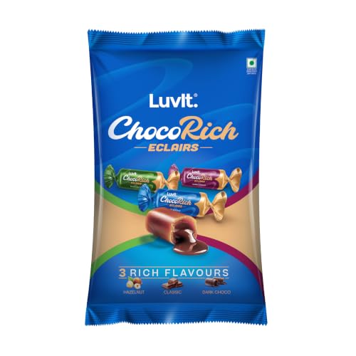 LuvIt. Chocorich Assorted Eclairs Chocolate Birthday Pack | Hazelnut, Dark Choco & Classic | 60 Pieces - 480 Gm