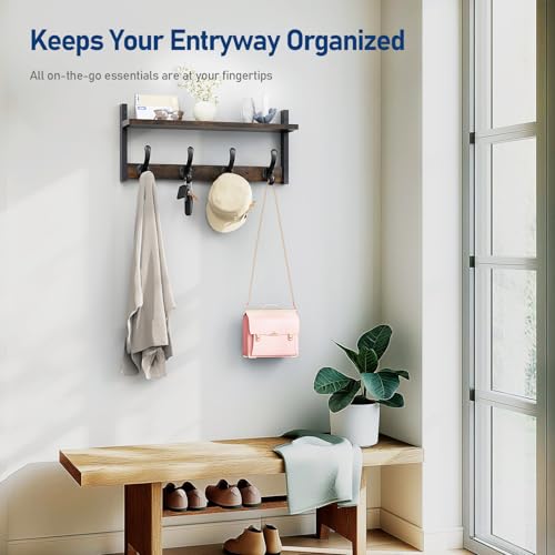 Image of Tatub 20 inch Rustic Coat Rack Wall Mount with Shelf, Wall Hooks with Shelf, Heavy Duty Entryway Organizer Hangers for Hanging, Hat, Bag, Jacket for Bathroom, Living Room, Bedroom, Rustic Brown