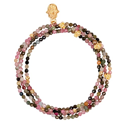 KARMA AND LUCK Spirit of Love - Genuine Garnet Stones 925 Sterling Silver- 18K Gold Plated Wrap Bracelet for Women with Gorgeous Heart Charms. Ready to Gift for Her. (Tourmaline)