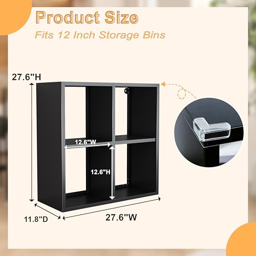 Image of VASAAOSD 4 Cube Storage Organizer - Metal Bookshelf, Black Cube Shelf, Deep Cube Shelving with Corner Protector, Stackable Design Bookcase for Living Room, Bedroom, Office, Entryway