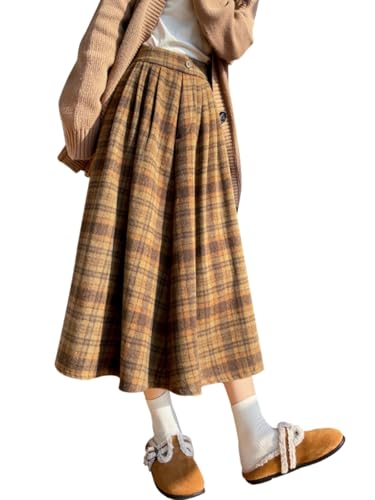 Long Plaid Skirts for Women Elastic Waist Knee Length A-line Wint...