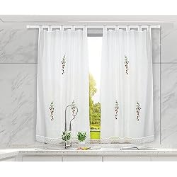 HOMEYA - Cortina Cocina Translúcida 100x150cm - Cortina con Bordados de Cerezas,para Cocina,Comedor, Marco de Puerta - 1 Unidad Color Blanco,100% Poliester