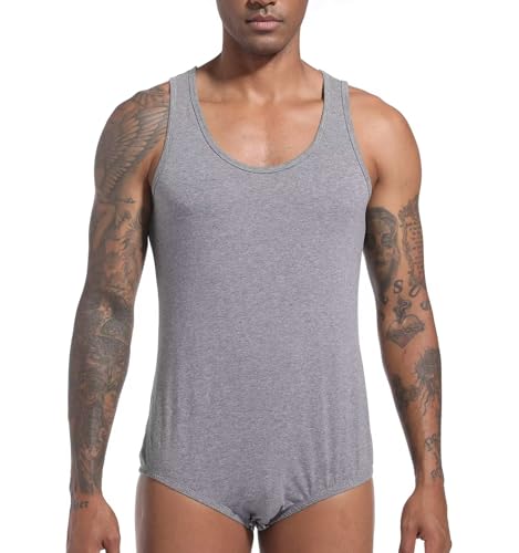 Landofgenie Macaquinho masculino de algodão sem mangas liso de uma peça para homens, Cinza, 3X-Large