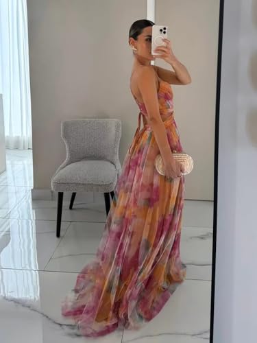 Women's Floral Print Tulle Prom Dresses Spaghetti Straps V Neck A Line Beach Summer Dresses XOD04742