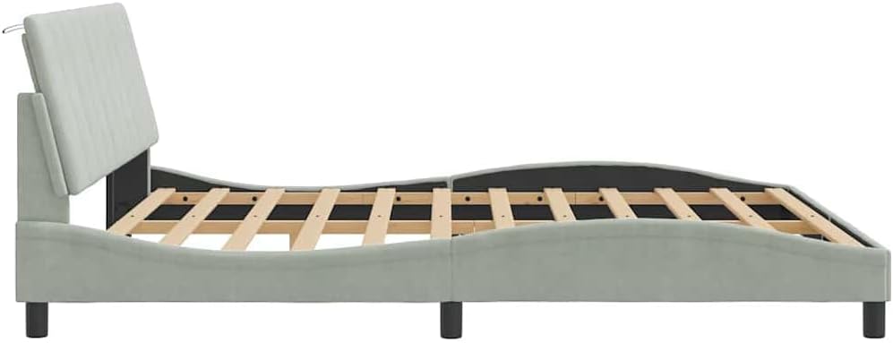 Light Grey Velvet Bed Frame with Padded Headboard, Modern Platform Foundation for Bedroom, Sturdy Heavy-Duty Slatted Design, Easy Assembly, No Box Spring Needed, Ample Storage