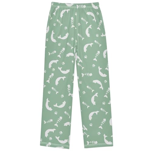 Boy's Pants Cartoon White Fish Bone Green Jogger Pants Elastic Waist Long Bottoms Trousers with Pockets 6-14 Years