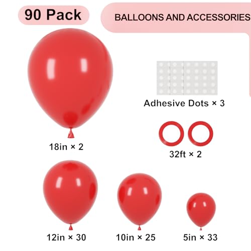 90pack Red Balloons Different Size 18/12/10/5 Inch Red Balloon Garland Arch Kit for Valentine's Day, Graduation, Wedding, Birthday, New Year, Baby Shower, Christmas Party Decorations - Image 3