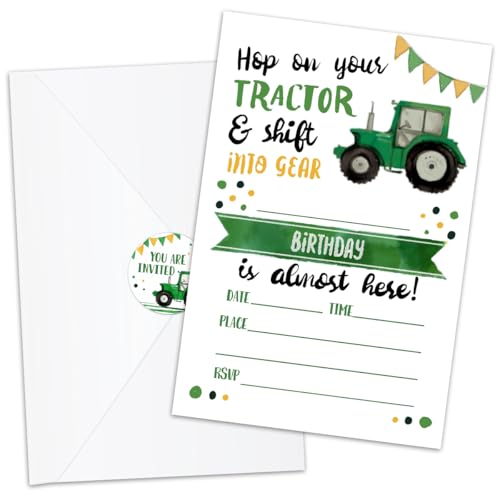 Invitations anniversaire tracteur vert avec enveloppes et autocollants x40