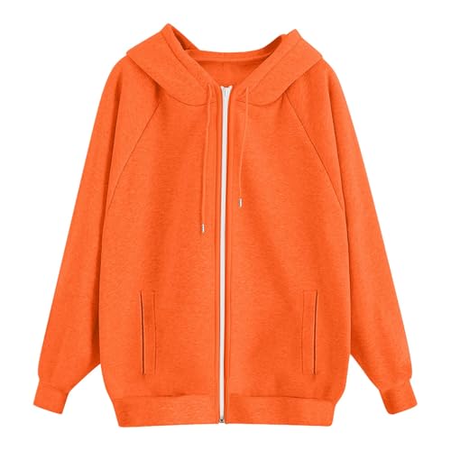 UXSELKCD Jacke Damen Kapuzenpullover Frauen Baumwolle Long Loose Fit Freizeit Sport Reißverschluss Jacke (a-Orange, XL)