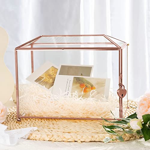 Whslilr 12.6" Glass Card Box Wedding Card Box With Lock For Wedding Reception Cosmetic Home Decor, Handmade Large Geometric Terrarium With Hinged Lid, Brass Frame - (Rose Gold/Roof) #TOP1