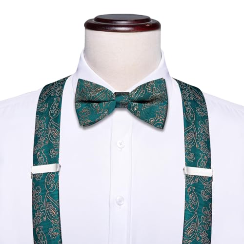 Image of Dubulle Suspender and Bow Tie for Men Paisley Solid Mens Suit Braces Pretied Bowtie and Handkerchief Cufflinks Formal Wedding
