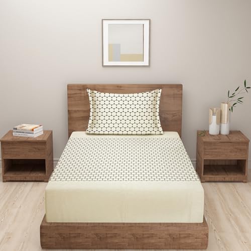 Image of Swayam Pure Cotton Single Bedsheet with 1 Pillow Covers | Size 60 x 90 inch | 160 TC | Geometric Design | Soft Breathable Bed Sheet | Comfortable & Durable for Bedroom - Beige