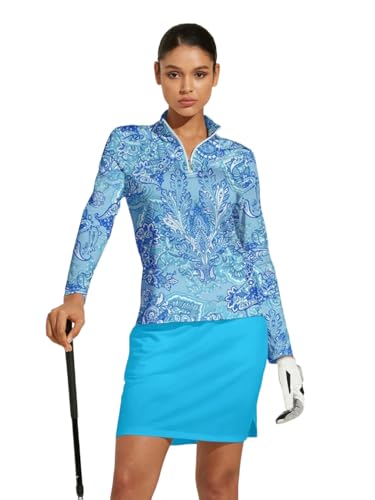 ACEGOLFS Womens Golf Polo Shirts Long Sleeve Quarter Zip Pullover for Women UPF 50+ Printed Ladies Athletic Workout Tops
