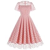 IBTOM CASTLE Women's 1950s Vintage Dress: Short Sleeve Heart Print Mesh Rockabilly Swing Dress Retro Evening Dance Prom Ball Gown Cocktail Party Pinup 50s Hepburn Style A line Dress Pink-Red Heart XL