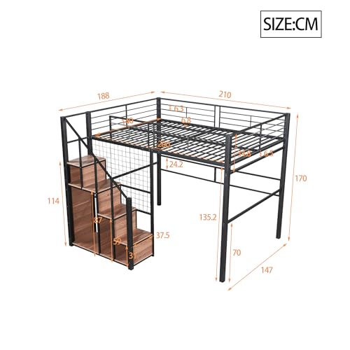 Hochbett 140x200 cm, Kinderbett mit Sicherheitsleiter, Metallbett mit Eisenrahmen und Ablagefläche, Jugendbett Einzelbett mit Lattenrost, Bett für Kinder Jugendliche (Ohne Matratze) Schwarz – Bild 3