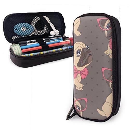 Multifonctionnel dibujos animados cachorro pug con gafas y pajarita es muy hermoso high capacity leather pencil case