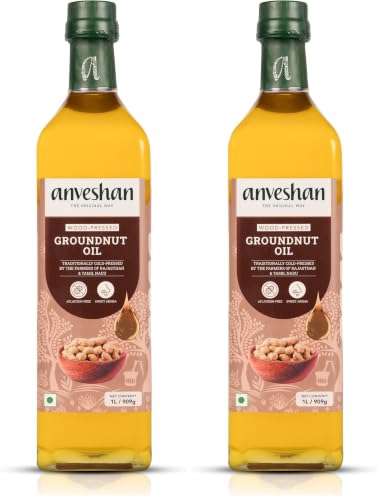 Image of Anveshan Wood Cold Pressed Groundnut Peanuts Oil 1L | Glass Bottle | Kolhu /Kacchi Ghani /Chekku | Peanut Oil | Natural | Chemical-Free | Cold Pressed Groundnut Oil for Cooking (Pack of 2)