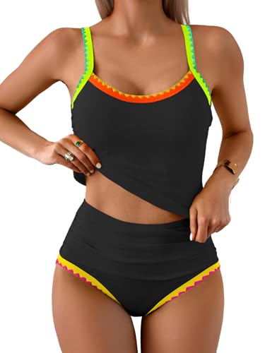 Image of Eomenie Tankini Swimsuit for Women Tummy Control Ruched Two Piece Bathing Suits High Waisted Shell Stitch Swimwear