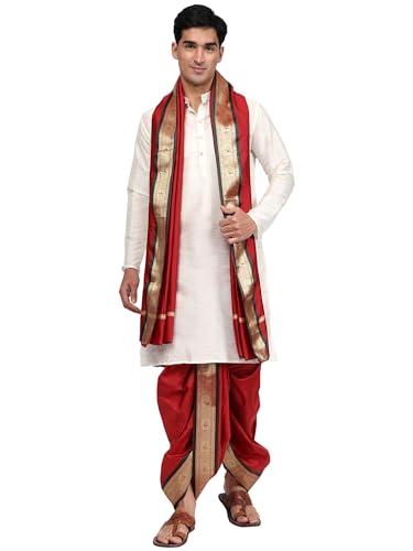 Image of Rameshwaram Fabrics Mens Ready to Wear Silk Dhoti with Angwastra Set - Pocket Dhothi