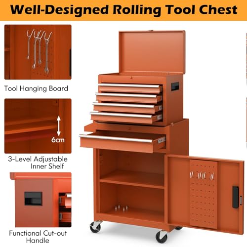 HOMFME Rolling Tool Cabinet, 2 in 1 Detachable Tool Chest with Drawers, Wheels, Hooks, Side Handle, Lockable Metal Tool Box Cart Trolley for Garage Workshop (Orange) 6 HOMFME Rolling Tool Cabinet, 2 in 1 Detachable Tool Chest with Drawers, Wheels, Hooks, Side Handle, Lockable Metal Tool Box Cart Trolley for Garage Workshop (Orange) - Image 6