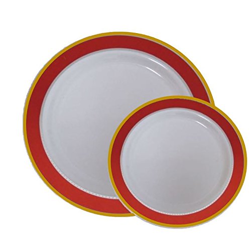 Disposable Plastic Dinner Dessert Plates With Red And Gold Trim