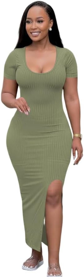 Womens Bodycon Maxi Dress Split Striped Ribbed Crewneck Short Sleeves Casual Sundress Solid Sexy Long Summer Dresses - Image 2