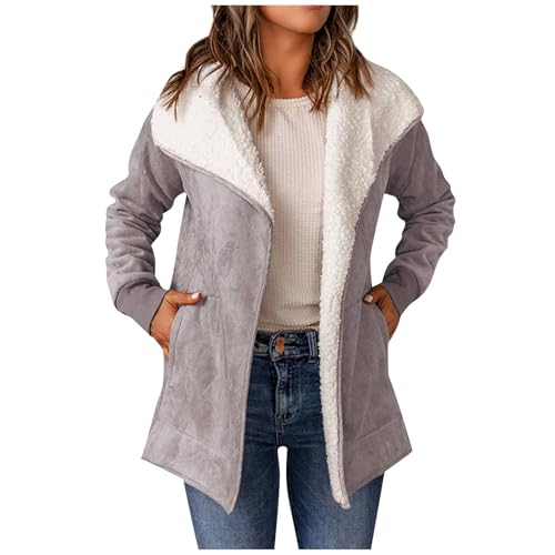 Generisch Abrigo de ante para mujer con forro de piel de oveja cálida, abrigo largo, chaqueta de ante, abrigo de felpa de manga larga, abrigo de invierno de gran tamaño, monocolor, con bolsillos